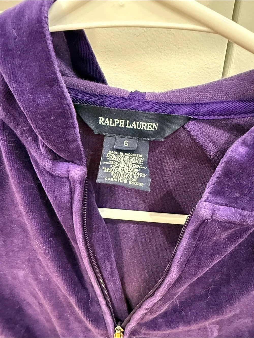 Ralph Lauren Girls' Purple Velour Hooded Zip Jacket